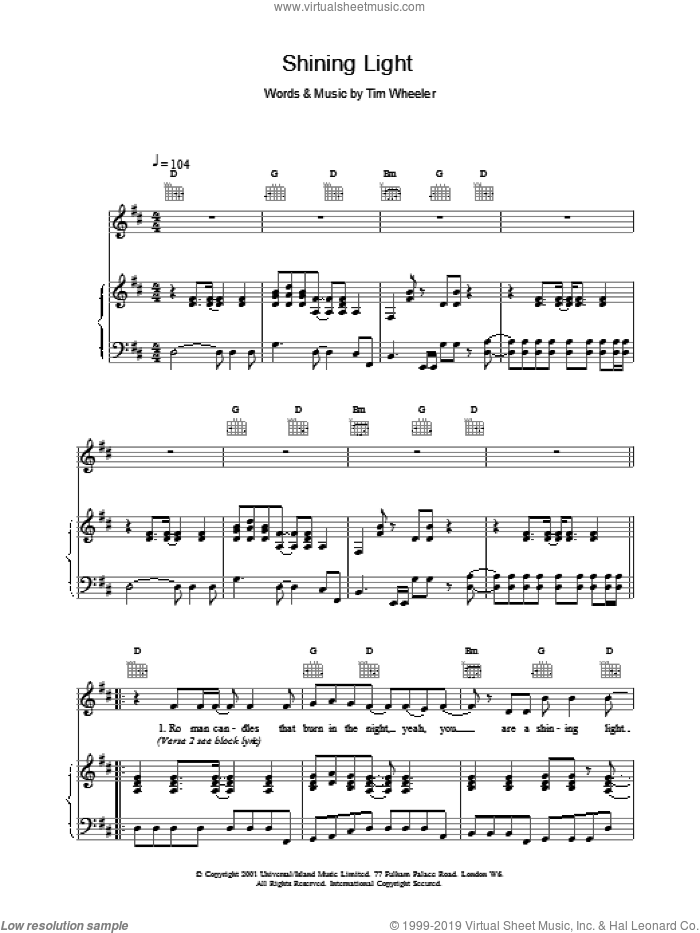 Shining Light sheet music for voice, piano or guitar by Tim Wheeler, intermediate skill level