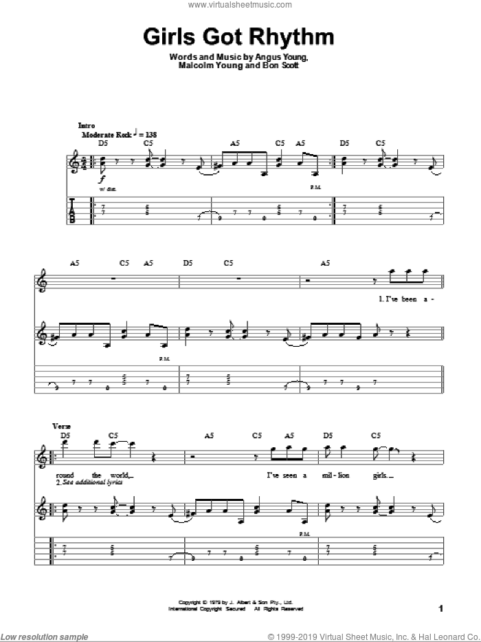 Girls Got Rhythm sheet music for guitar (tablature, play-along) by AC/DC, Angus Young, Bon Scott and Malcolm Young, intermediate skill level