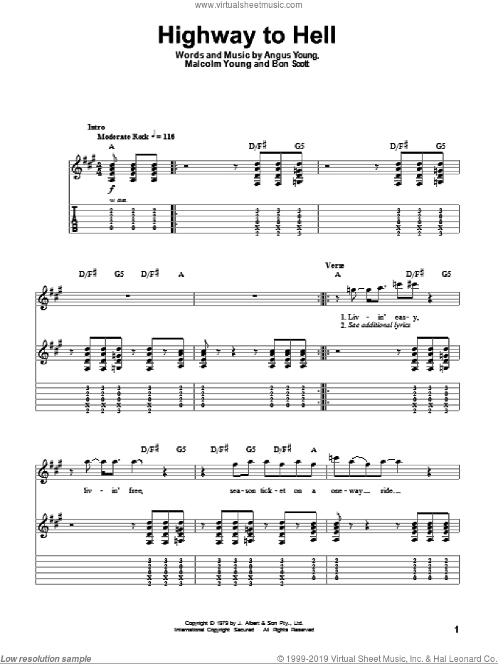 Highway To Hell sheet music for guitar (tablature, play-along) by AC/DC, Angus Young, Bon Scott and Malcolm Young, intermediate skill level