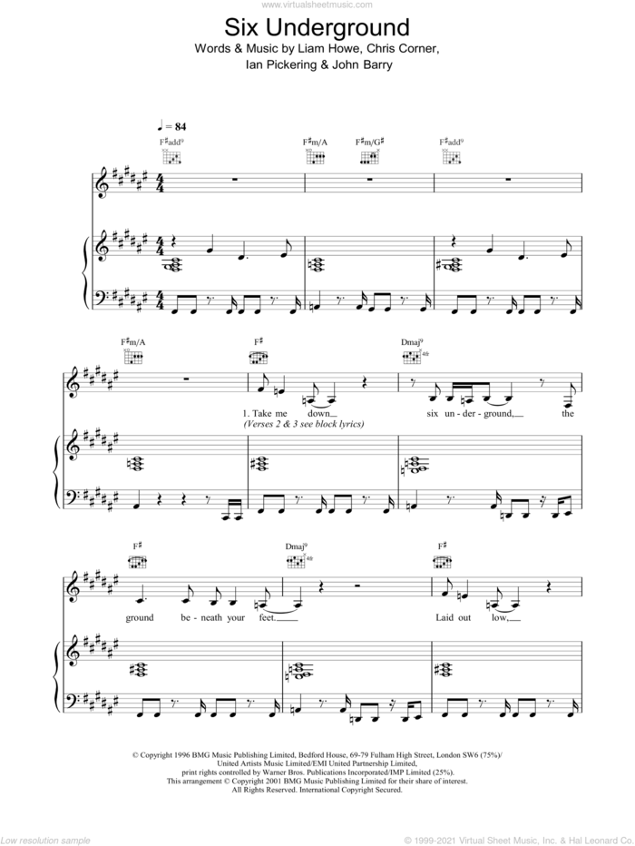 Six Underground sheet music for voice, piano or guitar by Sneaker Pimps, C Corner, Ian Pickering and Liam Howe, intermediate skill level