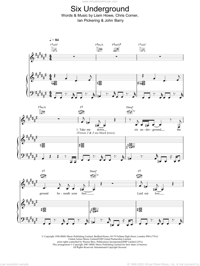 Six Underground sheet music for voice, piano or guitar by Sneaker Pimps, C Corner, Ian Pickering and Liam Howe, intermediate skill level