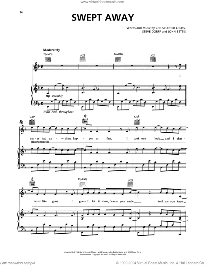 Swept Away sheet music for voice, piano or guitar by Christopher Cross, John Bettis and Steve Dorff, intermediate skill level