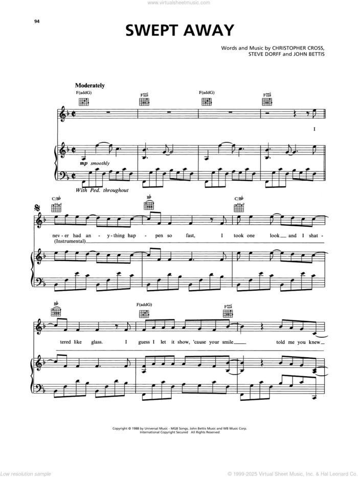 Swept Away sheet music for voice, piano or guitar by Christopher Cross, John Bettis and Steve Dorff, intermediate skill level