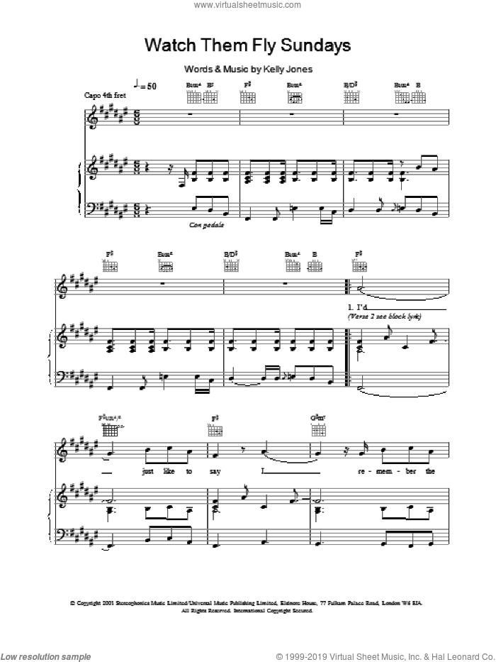 Watch Them Fly Sundays sheet music for voice, piano or guitar by Stereophonics and Kelly Jones, intermediate skill level