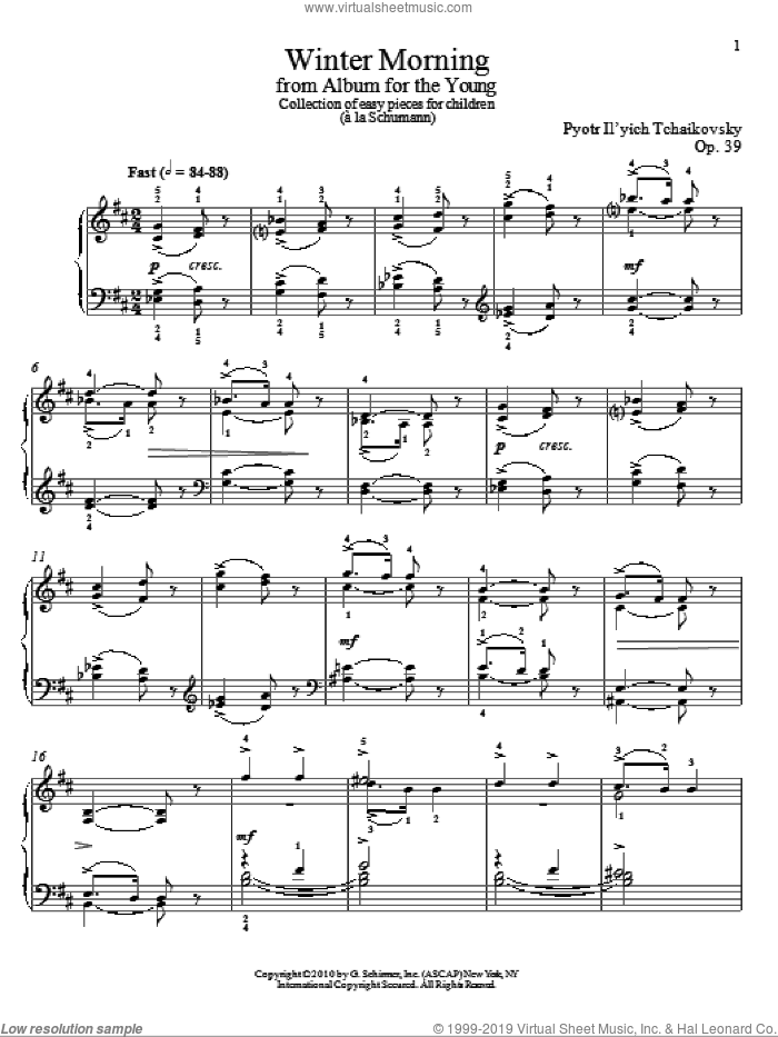 Winter Morning sheet music for piano solo by Pyotr Ilyich Tchaikovsky and Alexandre Dossin, classical score, intermediate skill level