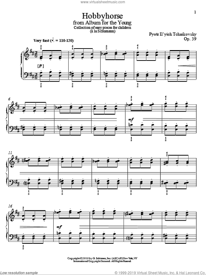 Hobbyhorse sheet music for piano solo by Pyotr Ilyich Tchaikovsky and Alexandre Dossin, classical score, intermediate skill level