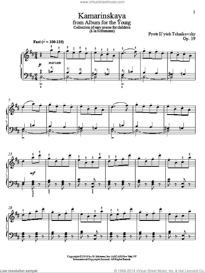 Kamarinskaya sheet music for piano solo by Pyotr Ilyich Tchaikovsky and Alexandre Dossin, classical score, intermediate skill level
