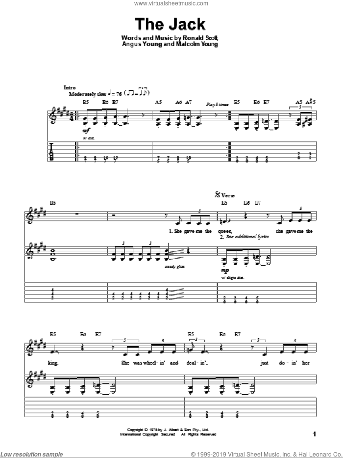 The Jack sheet music for guitar (tablature, play-along) by AC/DC, Angus Young, Malcolm Young and Ronnie Scott, intermediate skill level