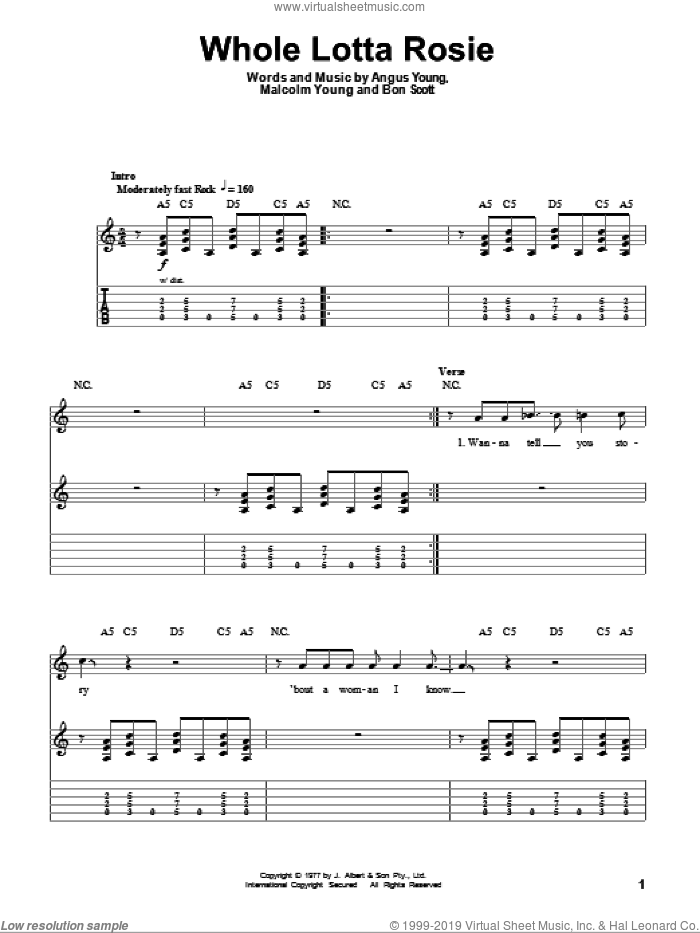 Whole Lotta Rosie sheet music for guitar (tablature, play-along) by AC/DC, Angus Young, Bon Scott and Malcolm Young, intermediate skill level