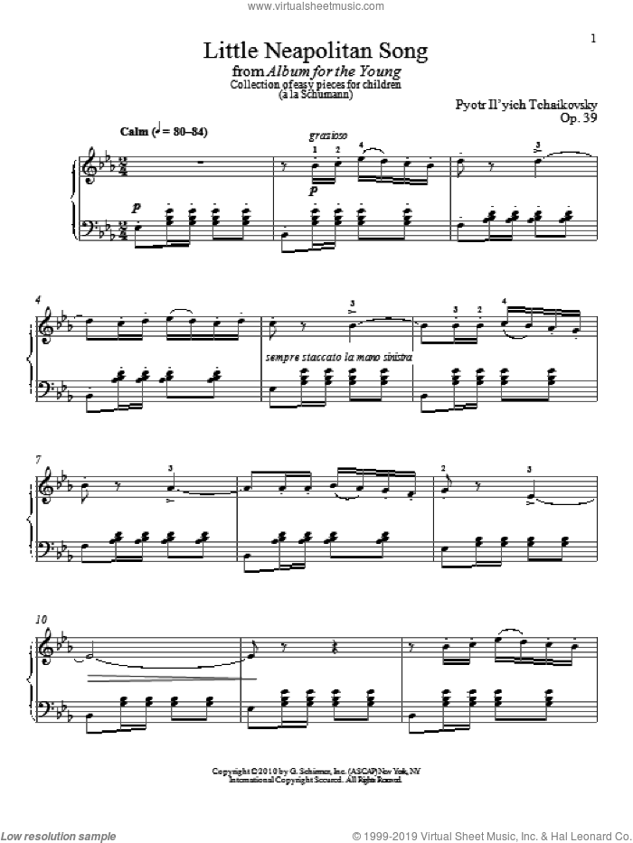 Little Neapolitan Song sheet music for piano solo by Pyotr Ilyich Tchaikovsky and Alexandre Dossin, classical score, intermediate skill level