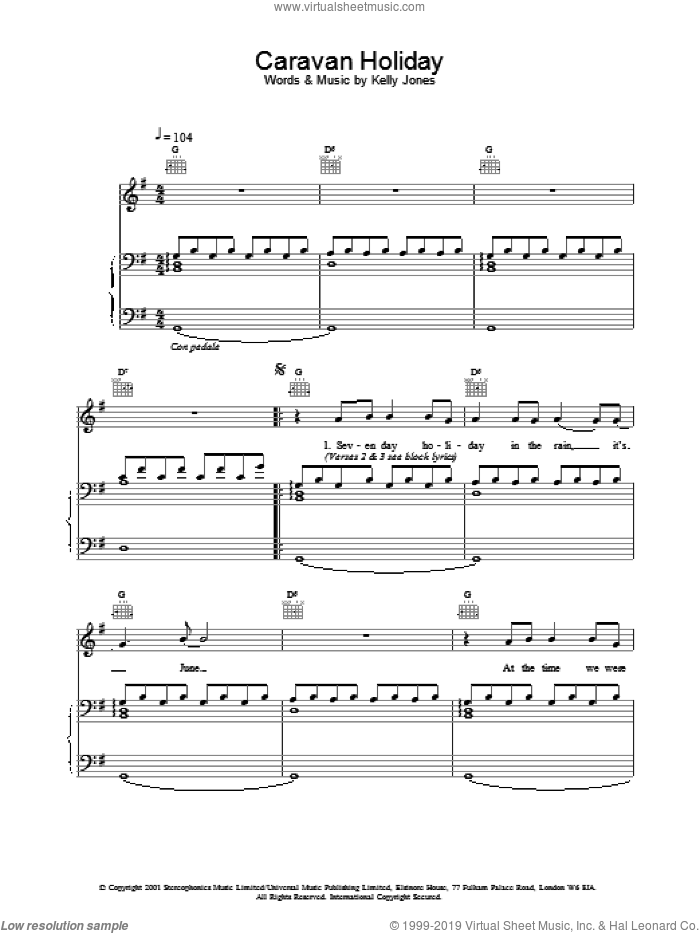 Caravan Holiday sheet music for voice, piano or guitar by Stereophonics and Kelly Jones, intermediate skill level