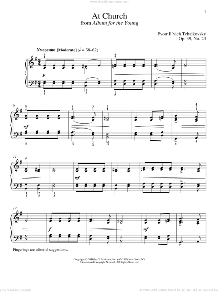 At Church sheet music for piano solo by Pyotr Ilyich Tchaikovsky and Alexandre Dossin, classical score, intermediate skill level