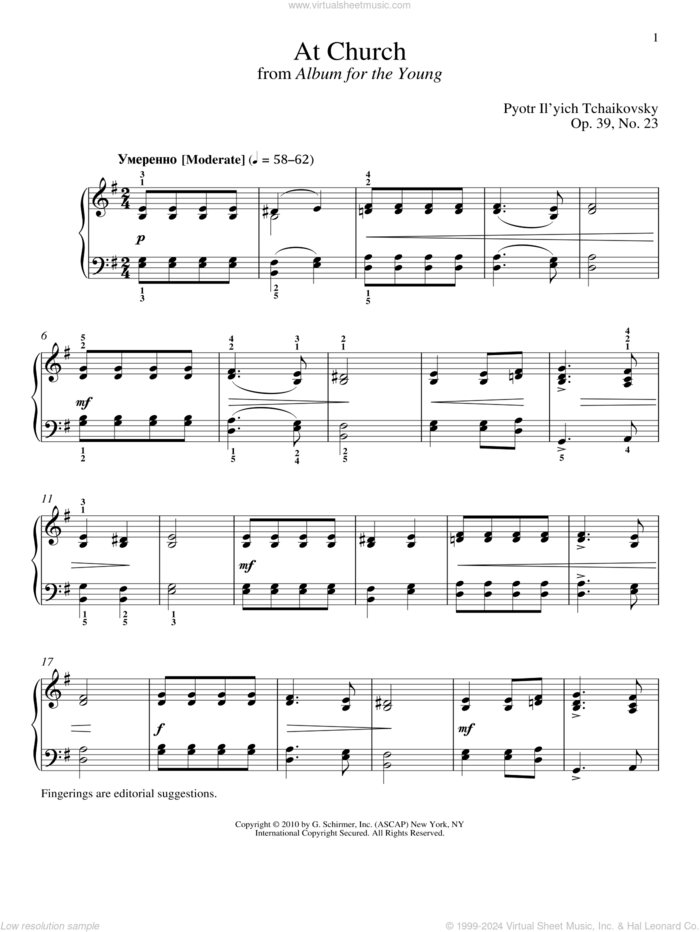 At Church sheet music for piano solo by Pyotr Ilyich Tchaikovsky and Alexandre Dossin, classical score, intermediate skill level