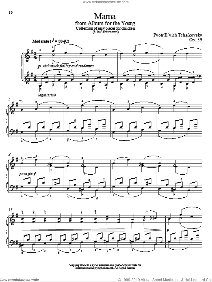 Mama, (intermediate) sheet music for piano solo by Pyotr Ilyich Tchaikovsky and Alexandre Dossin, classical score, intermediate skill level