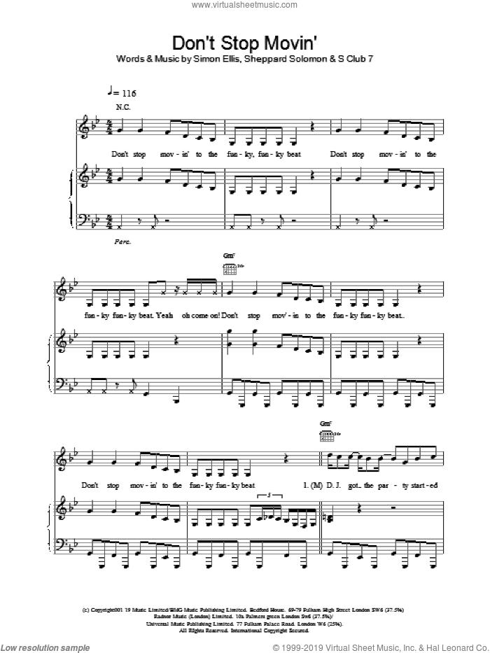 Don't Stop Movin' sheet music for voice, piano or guitar by S Club 7, Sheppard Solomon and Simon Ellis, intermediate skill level