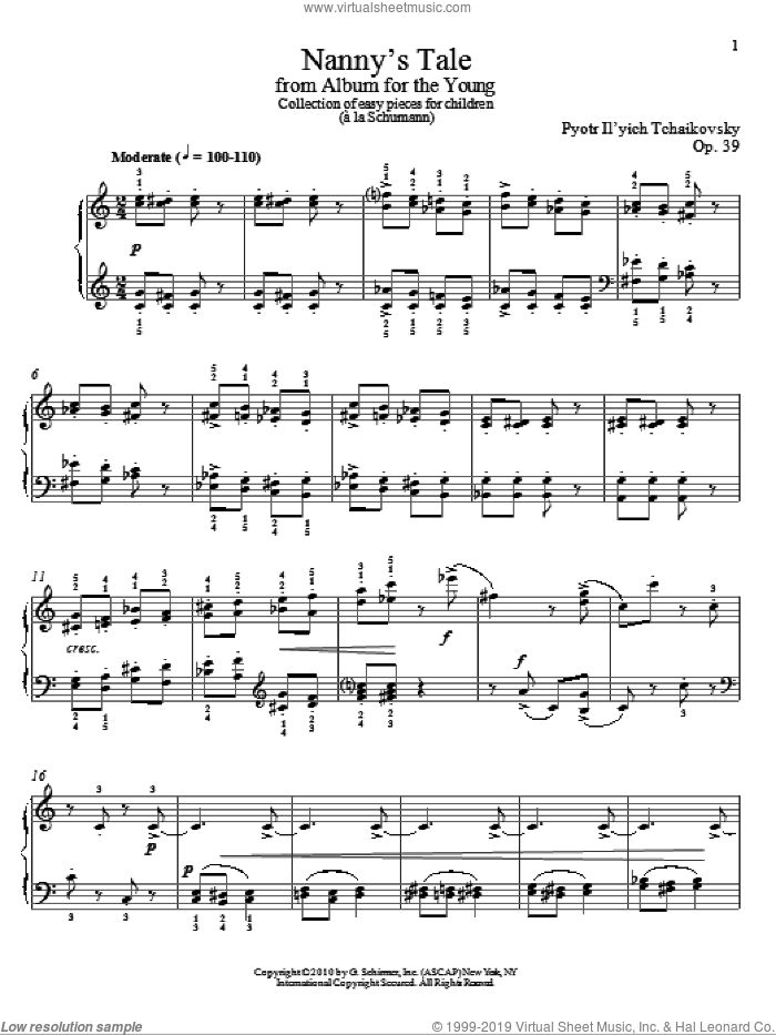 Nanny's Tale sheet music for piano solo by Pyotr Ilyich Tchaikovsky and Alexandre Dossin, classical score, intermediate skill level