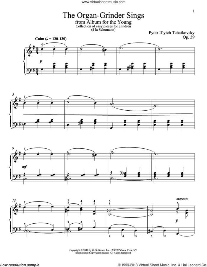 The Organ-Grinder Sings sheet music for piano solo by Pyotr Ilyich Tchaikovsky and Alexandre Dossin, classical score, intermediate skill level
