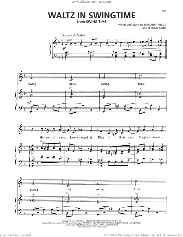 Waltz In Swingtime sheet music for voice, piano or guitar by Dorothy Fields and Jerome Kern, Dorothy Fields and Jerome Kern, intermediate skill level