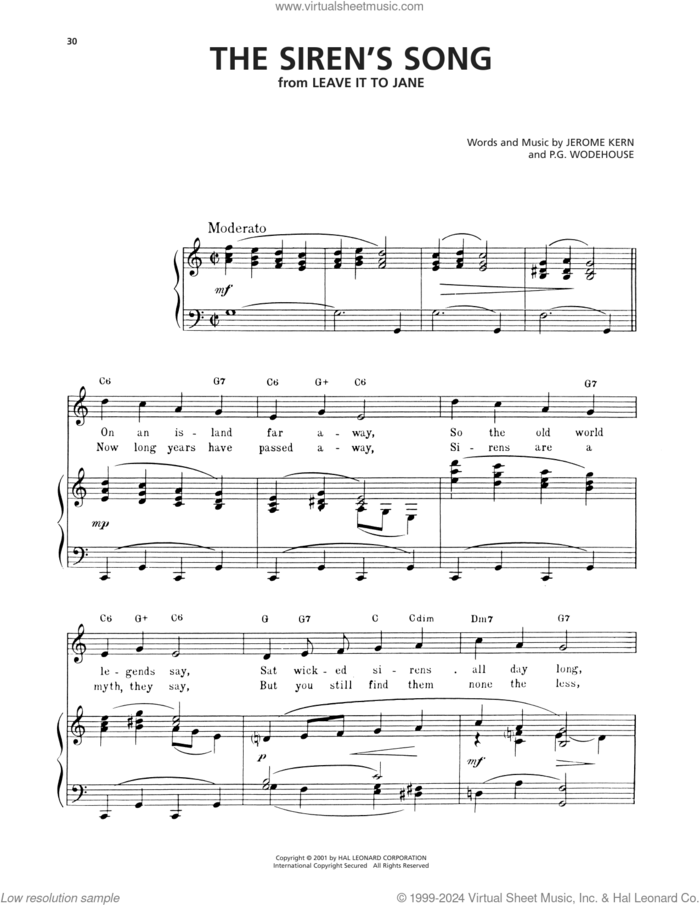 The Siren's Song sheet music for voice, piano or guitar by Jerome Kern and P.G. Wodehouse, intermediate skill level