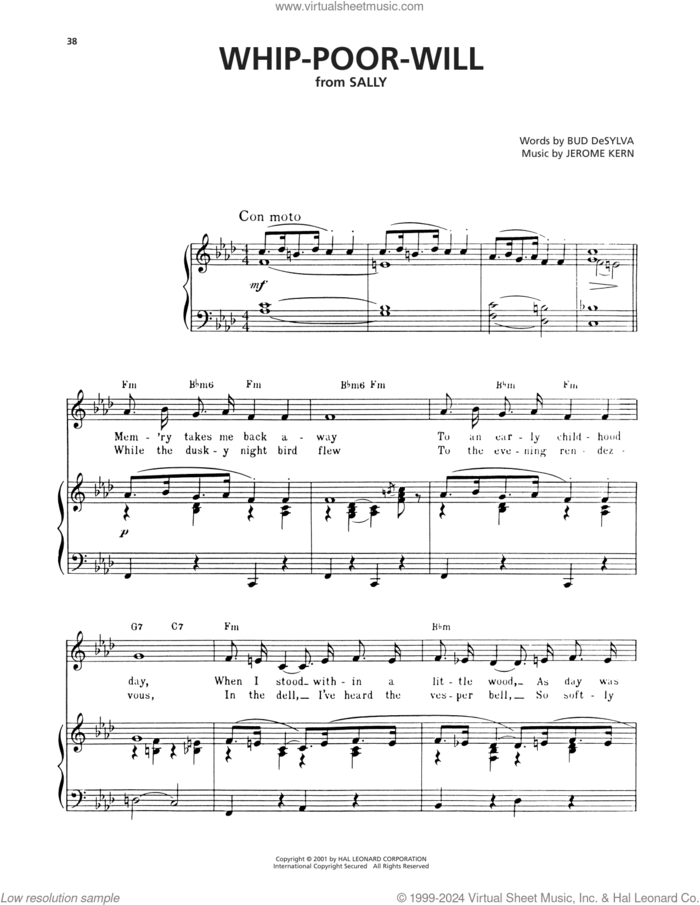 Whip-Poor-Will (from Sally) sheet music for voice, piano or guitar by Jerome Kern and Bud DeSylva, intermediate skill level
