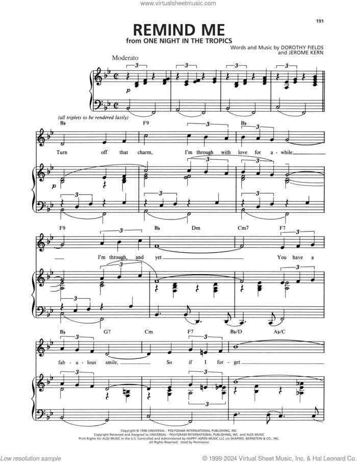 Remind Me sheet music for voice, piano or guitar by Dorothy Fields and Jerome Kern, Dorothy Fields and Jerome Kern, intermediate skill level