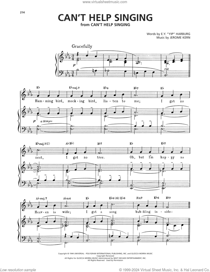 Can't Help Singing (from Can't Help Singing) sheet music for voice, piano or guitar by Jerome Kern, Deanna Durbin & Robert Paige and E.Y. Harburg, intermediate skill level