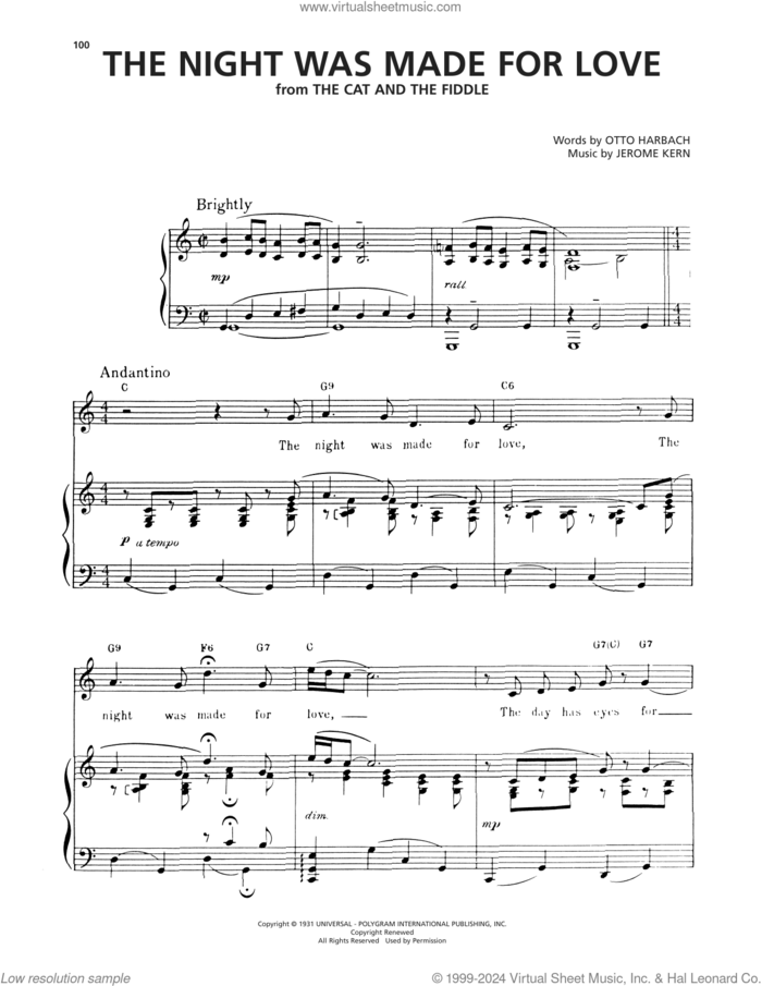 The Night Was Made For Love (from The Cat And The Fiddle) sheet music for voice, piano or guitar by Jerome Kern and Otto Harbach, intermediate skill level