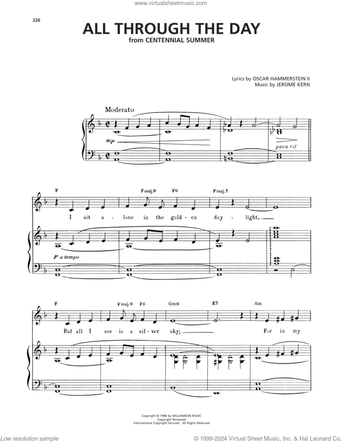 All Through The Day (from Centennial Summer) sheet music for voice, piano or guitar by Oscar Hammerstein II & Jerome Kern, Frank Sinatra, Perry Como, Jerome Kern and Oscar II Hammerstein, intermediate skill level