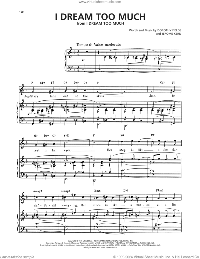 I Dream Too Much sheet music for voice, piano or guitar by Dorothy Fields and Jerome Kern, Dorothy Fields and Jerome Kern, intermediate skill level