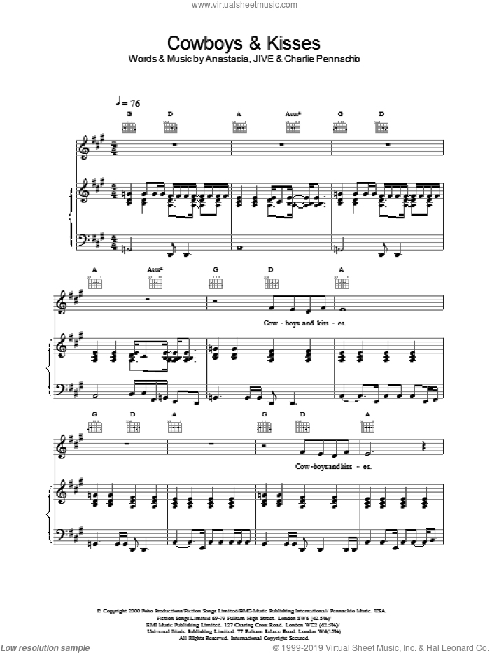 Cowboys and Kisses sheet music for voice, piano or guitar by Anastacia, Charlie Pennachio and JIVE, intermediate skill level