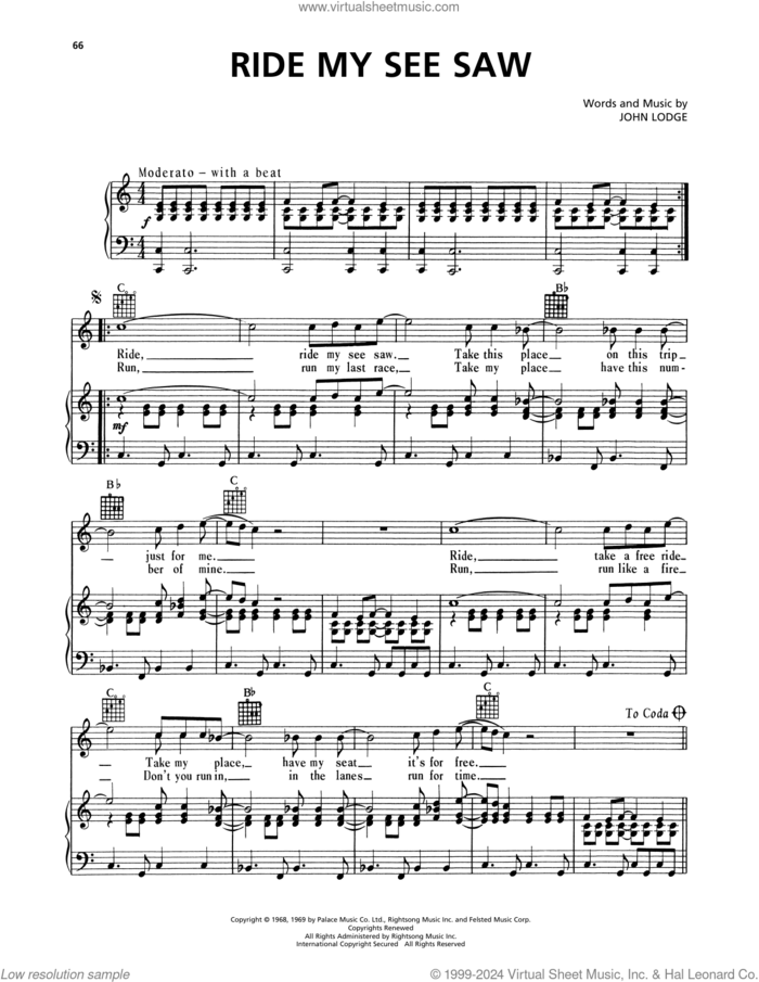 Ride My See-Saw sheet music for voice, piano or guitar by The Moody Blues and John Lodge, intermediate skill level