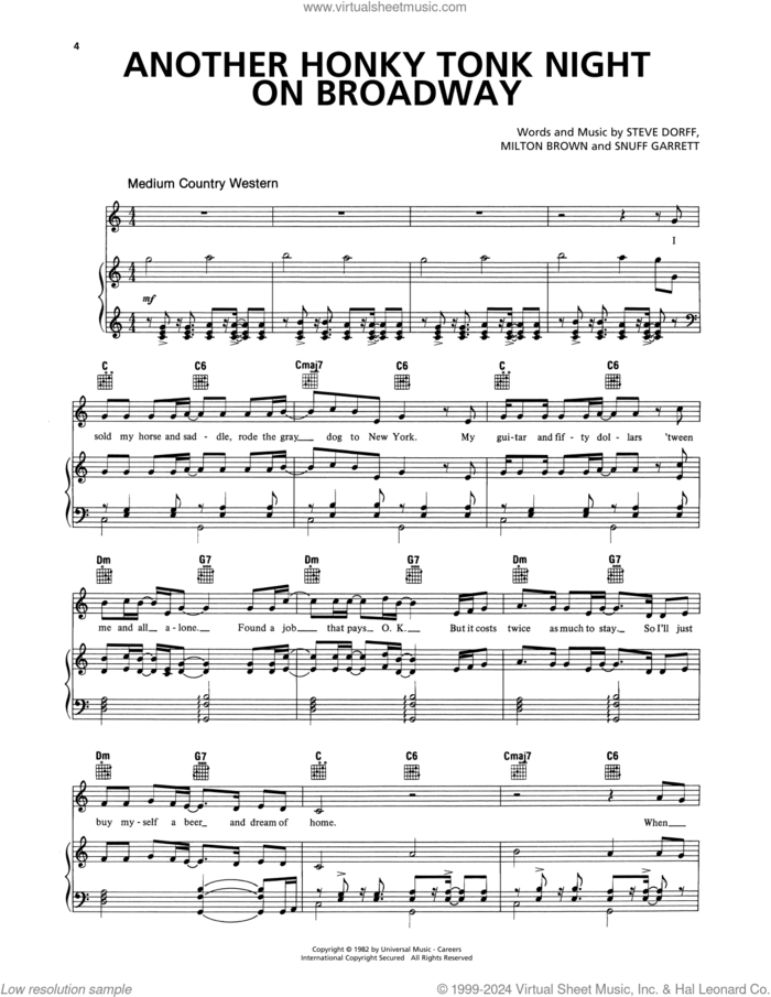 Another Honky-Tonk Night On Broadway sheet music for voice, piano or guitar by Steve Frizzell & Shelly West, Milton Brown, Snuff Garrett and Steve Dorff, intermediate skill level