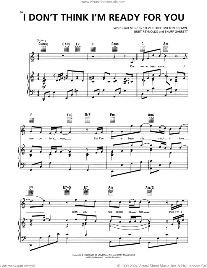 I Don't Think I'm Ready For You sheet music for voice, piano or guitar by Anne Murray, Burt Reynolds, Milton Brown, Snuff Garrett and Steve Dorff, intermediate skill level