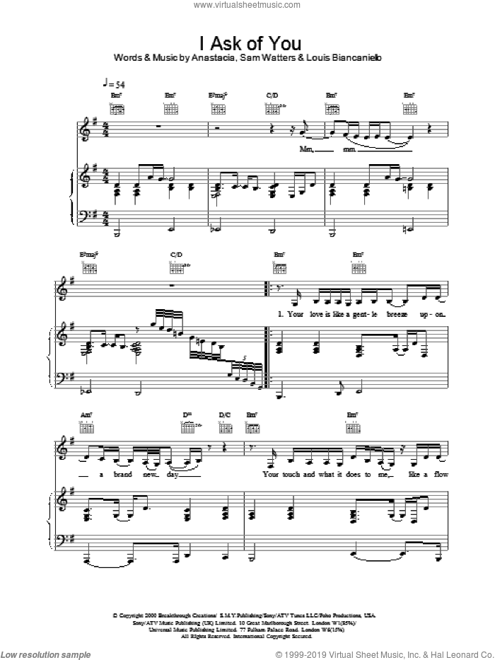I Ask Of You sheet music for voice, piano or guitar by Anastacia, Louis Biancaniello and Sam Watters, intermediate skill level