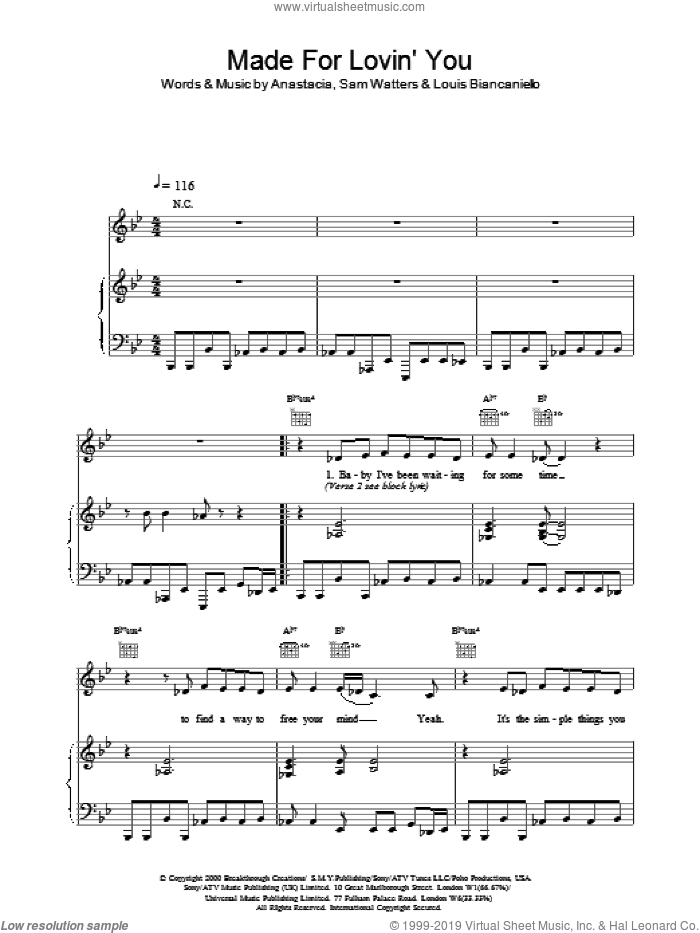 Made For Loving You sheet music for voice, piano or guitar by Anastacia, Louis Biancaniello and Sam Watters, intermediate skill level