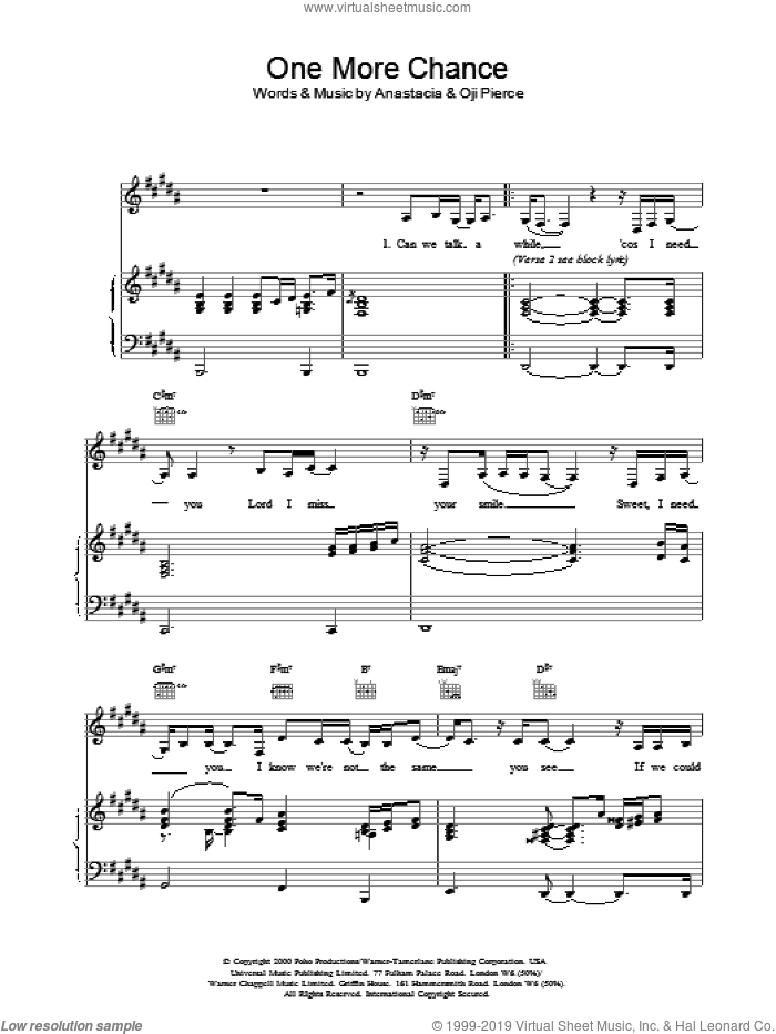 One More Chance sheet music for voice, piano or guitar by Anastacia and Pierce.Oji, intermediate skill level