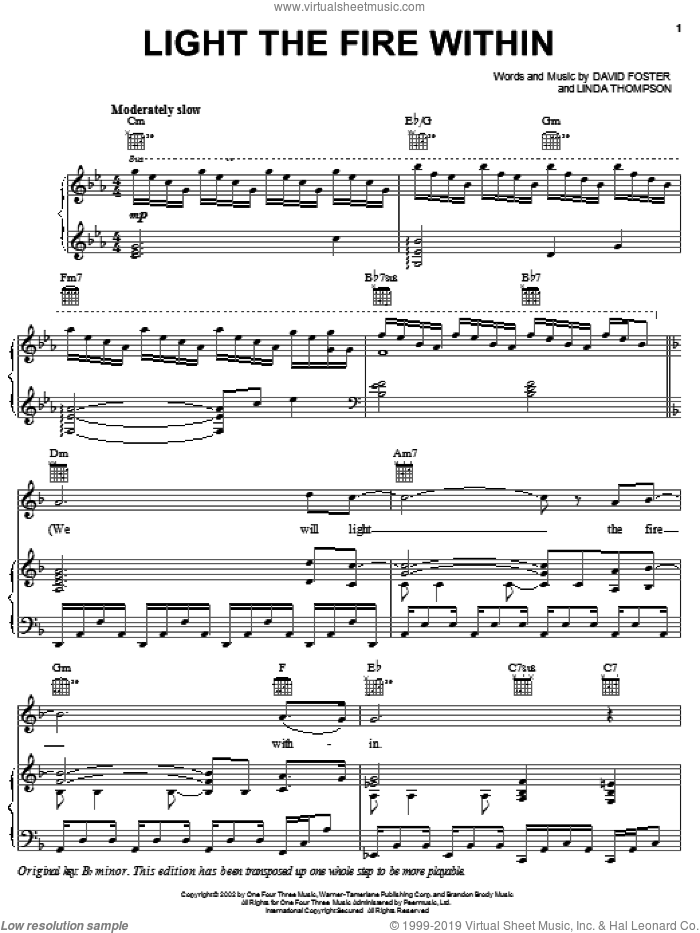 Light The Fire Within sheet music for voice, piano or guitar by LeAnn Rimes, David Foster and Linda Thompson, intermediate skill level