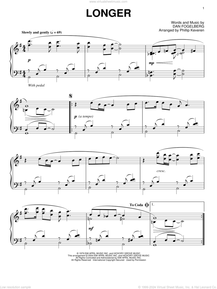 Longer (arr. Phillip Keveren) sheet music for piano solo by Dan Fogelberg and Phillip Keveren, wedding score, intermediate skill level