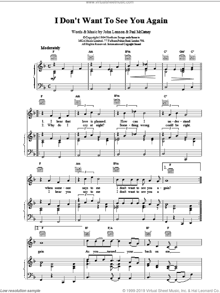 I Don't Want To See You Again sheet music for voice, piano or guitar by The Beatles, Peter and Gordon, John Lennon, LENNON and Paul McCartney, intermediate skill level