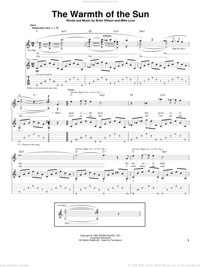 The Warmth Of The Sun sheet music for guitar (tablature) by The Beach Boys, Brian Wilson and Mike Love, intermediate skill level