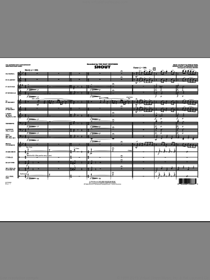 Shout (COMPLETE) sheet music for marching band by Michael Brown, O Kelly Isley, Ronald Isley, Rudolph Isley and The Isley Brothers, intermediate skill level