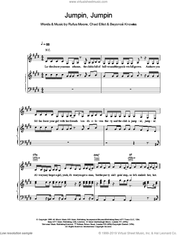 Jumpin, Jumpin sheet music for voice, piano or guitar by Destiny's Child, Beyonce Knowles, Chad Elliot and Rufus Moore, intermediate skill level