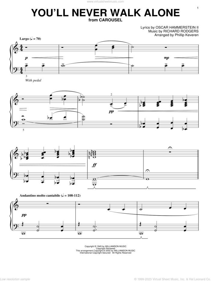 You'll Never Walk Alone (from Carousel) (arr. Phillip Keveren) sheet music for piano solo by Rodgers & Hammerstein, Phillip Keveren, Carousel (Musical), Oscar II Hammerstein and Richard Rodgers, wedding score, intermediate skill level