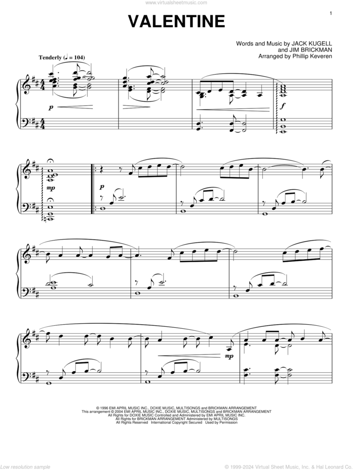 Valentine (arr. Phillip Keveren) sheet music for piano solo by Jim Brickman with Martina McBride, Phillip Keveren, Martina McBride, Jack Kugell and Jim Brickman, wedding score, intermediate skill level