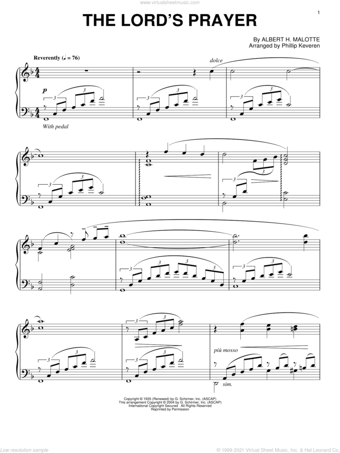 The Lord's Prayer (arr. Phillip Keveren) sheet music for piano solo by Albert H. Malotte and Phillip Keveren, wedding score, intermediate skill level