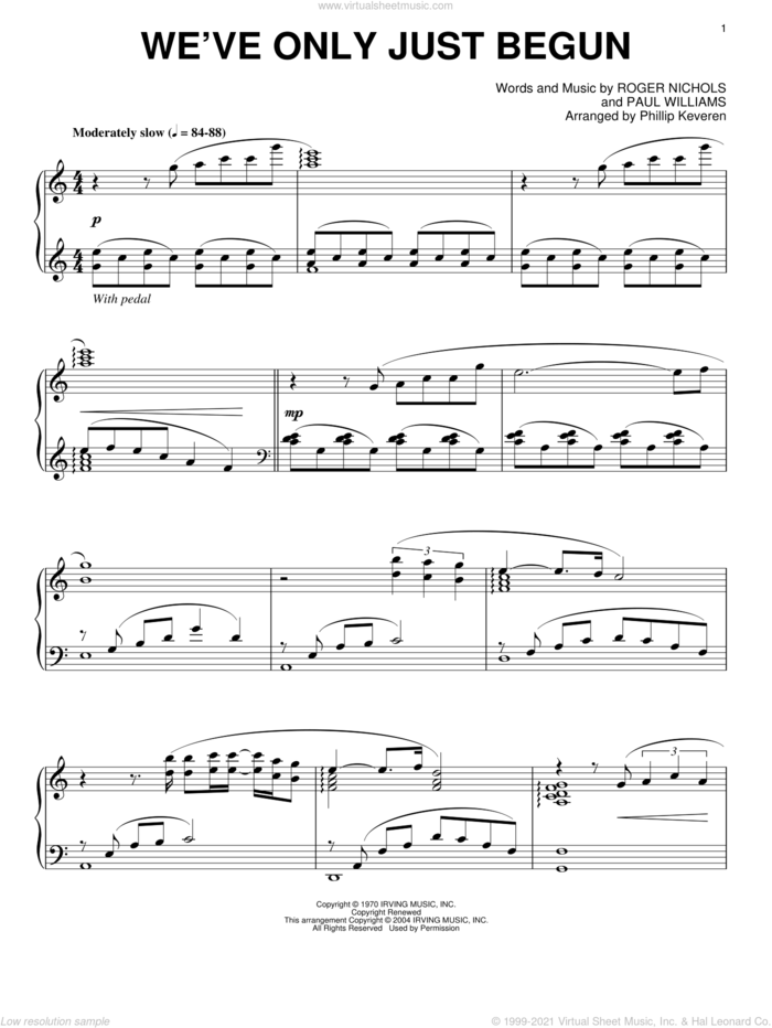 We've Only Just Begun (arr. Phillip Keveren) sheet music for piano solo by Carpenters, Phillip Keveren, Paul Williams and Roger Nichols, wedding score, intermediate skill level