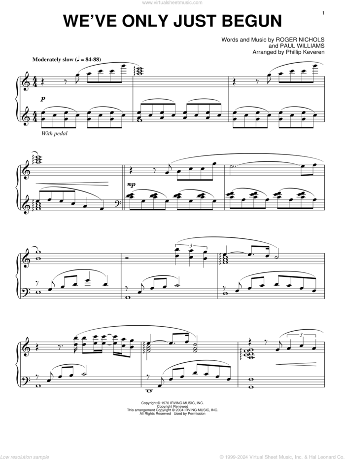 We've Only Just Begun (arr. Phillip Keveren) sheet music for piano solo by Carpenters, Phillip Keveren, Paul Williams and Roger Nichols, wedding score, intermediate skill level