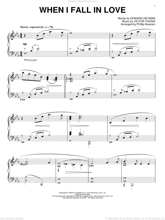 When I Fall In Love (arr. Phillip Keveren) sheet music for piano solo by Victor Young, Phillip Keveren, Doris Day and Edward Heyman, wedding score, intermediate skill level