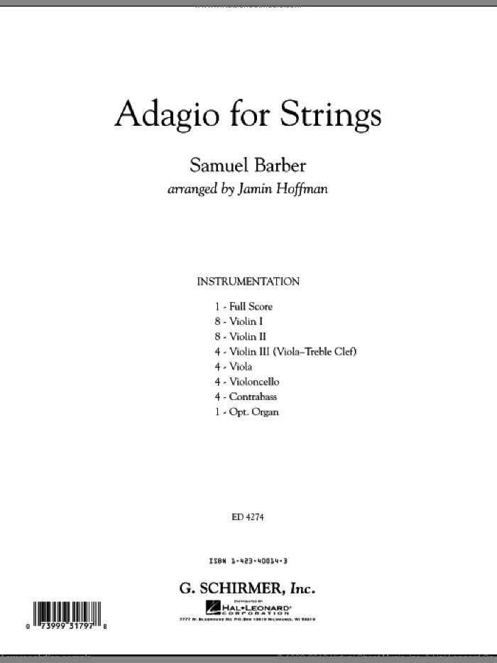 Adagio For Strings (COMPLETE) sheet music for orchestra by Samuel Barber and Jamin Hoffman, classical score, intermediate skill level
