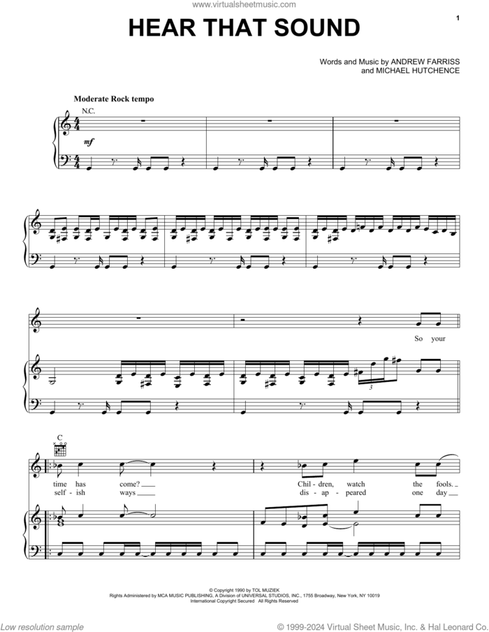 Hear That Sound sheet music for voice, piano or guitar by INXS, Andrew Farriss and Michael Hutchence, intermediate skill level